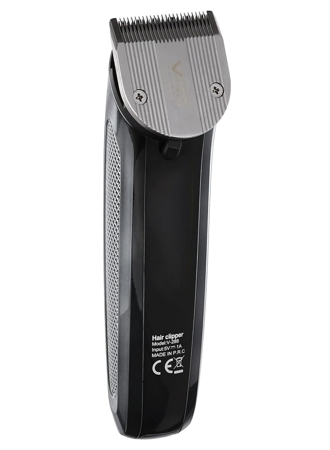 VGR Professional hair clipper with stainless steel cutting head and all-metal body, contains a rechargeable lithium battery, and has a battery capacity of 1200 mAh, model V-288.