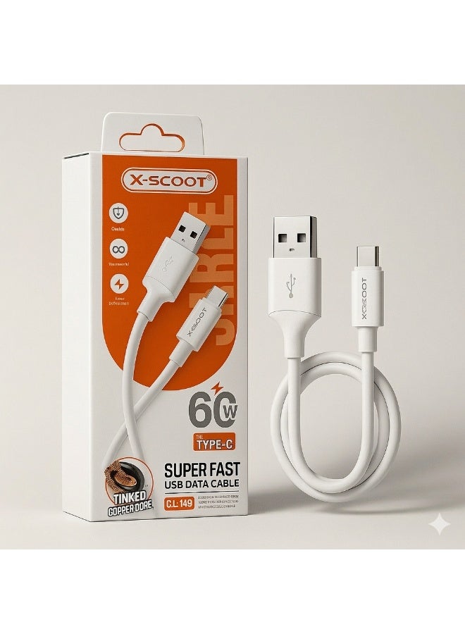 كابل شحن X-SCOOT CL149 Type-C قوة 60W متين أبيض