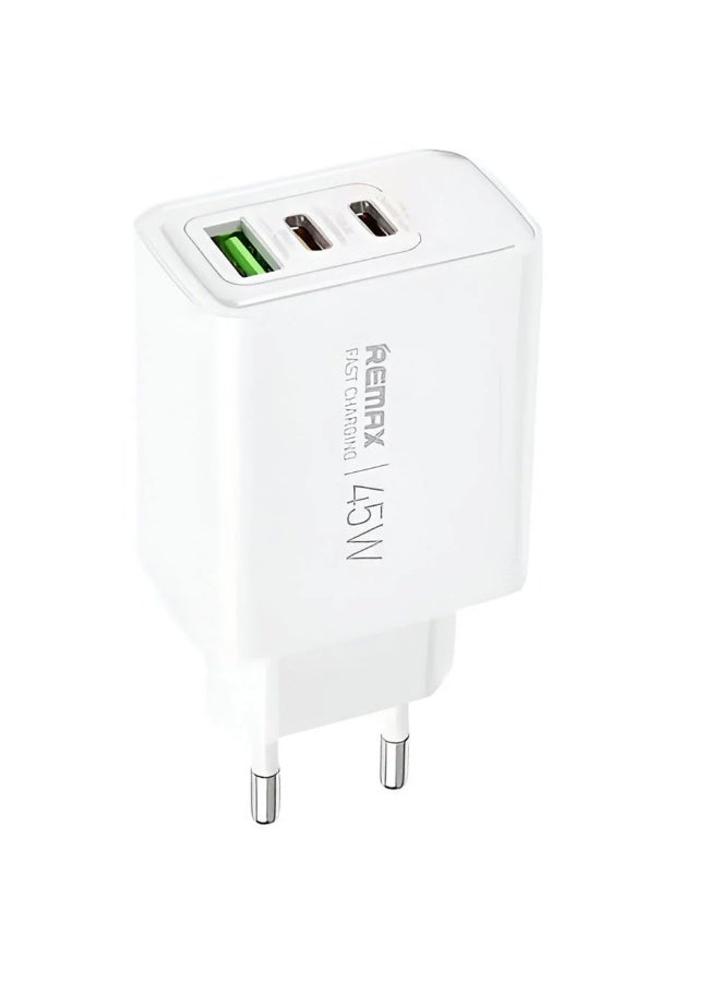 شاحن REMAX RP-U139 3 في 1 قوة 45W منفذ USB وType-C أبيض
