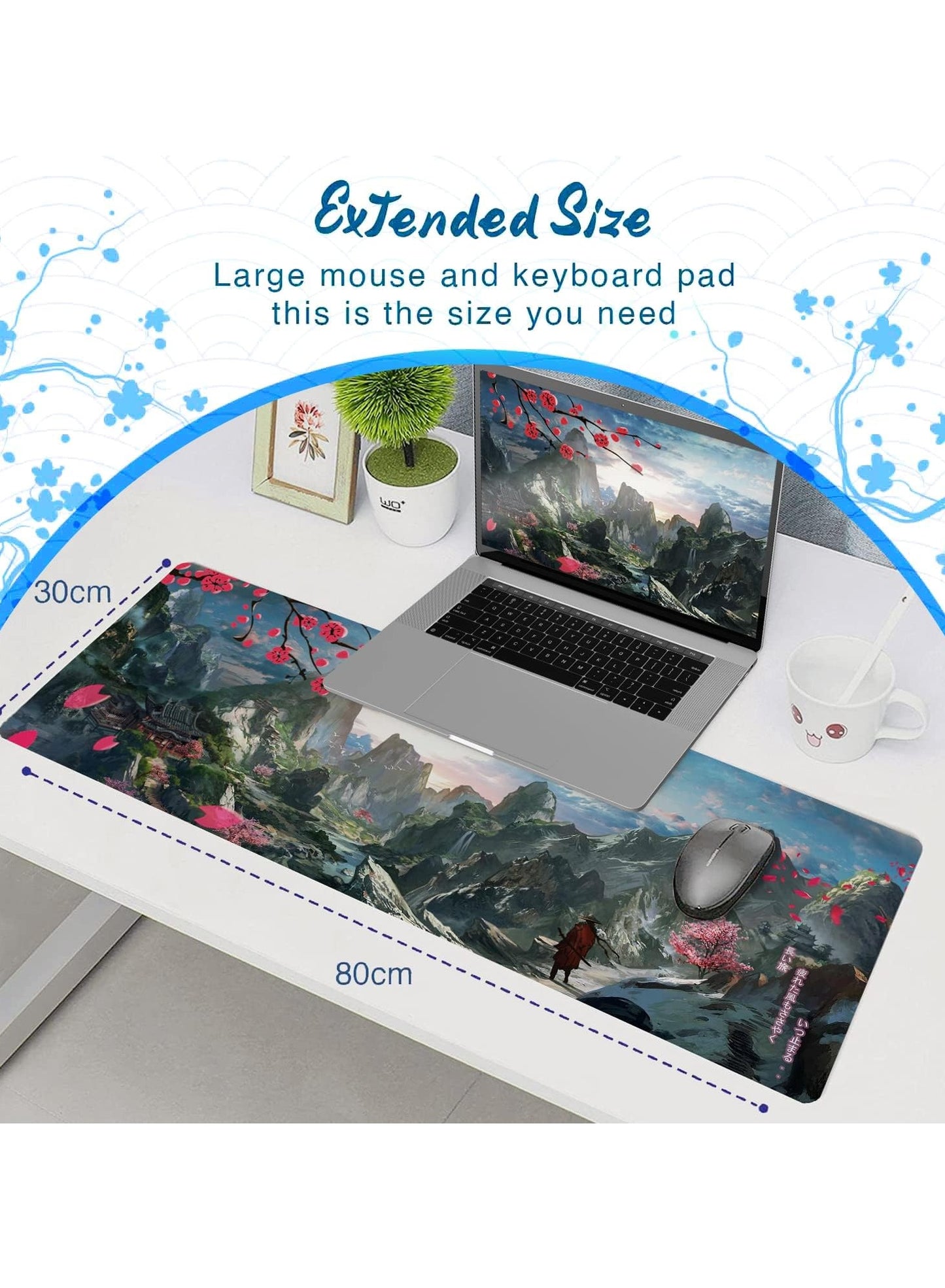 Large Japanese Mouse Pad ( 80x30x2mm ), HD Printing Style Desk Mat, Mouse and Keyboard Pad Extended, Water Proof Fabric Surface Mouse Pads for Desk, Anti-Slip Rubber Base (Hills Mountain Sakura)