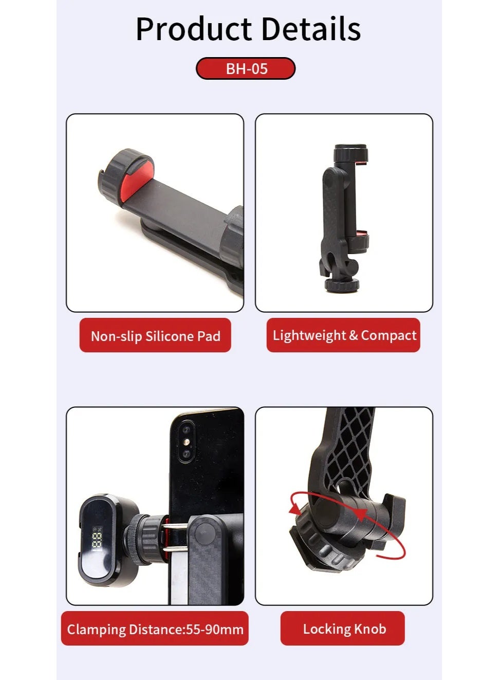Mobile Phone Holder BH-05 with 2 Cold Shoe Ports , Lightweight and Durable ABS Design , Secure Mount for 55-90mm Width M