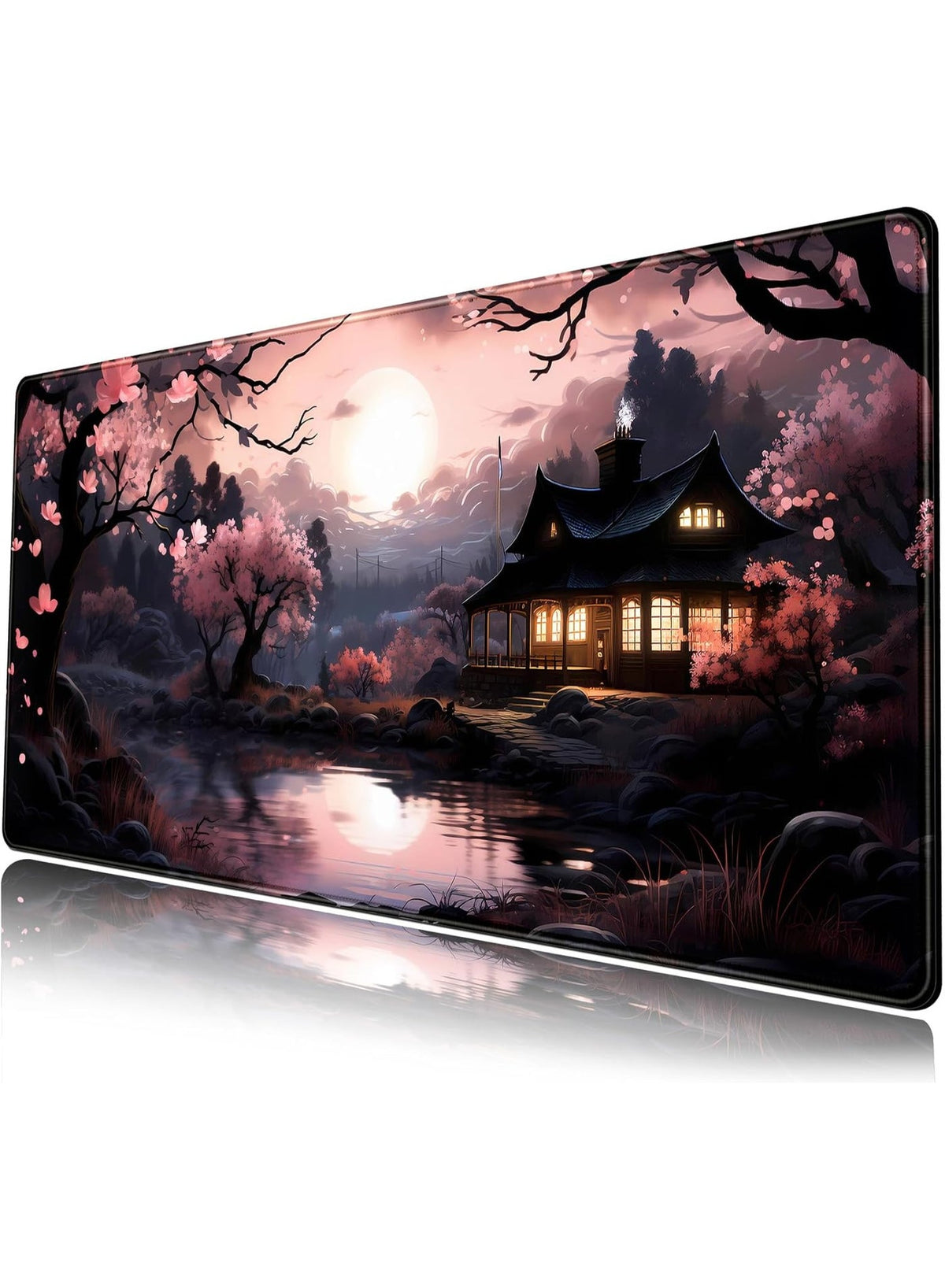 Japan Sakura Blooms Desk Mat Japanese Mouse Pad Large Cute Black Pink Aesthetic Desk Pad Gaming Mousepad Extended Keyboa
