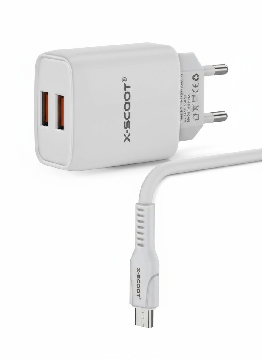 Dual USB Travel Charger 2.1A with Micro USB Cable, Compact Fast Charging Wall Adapter, Safe & Lightweight Design – Model
