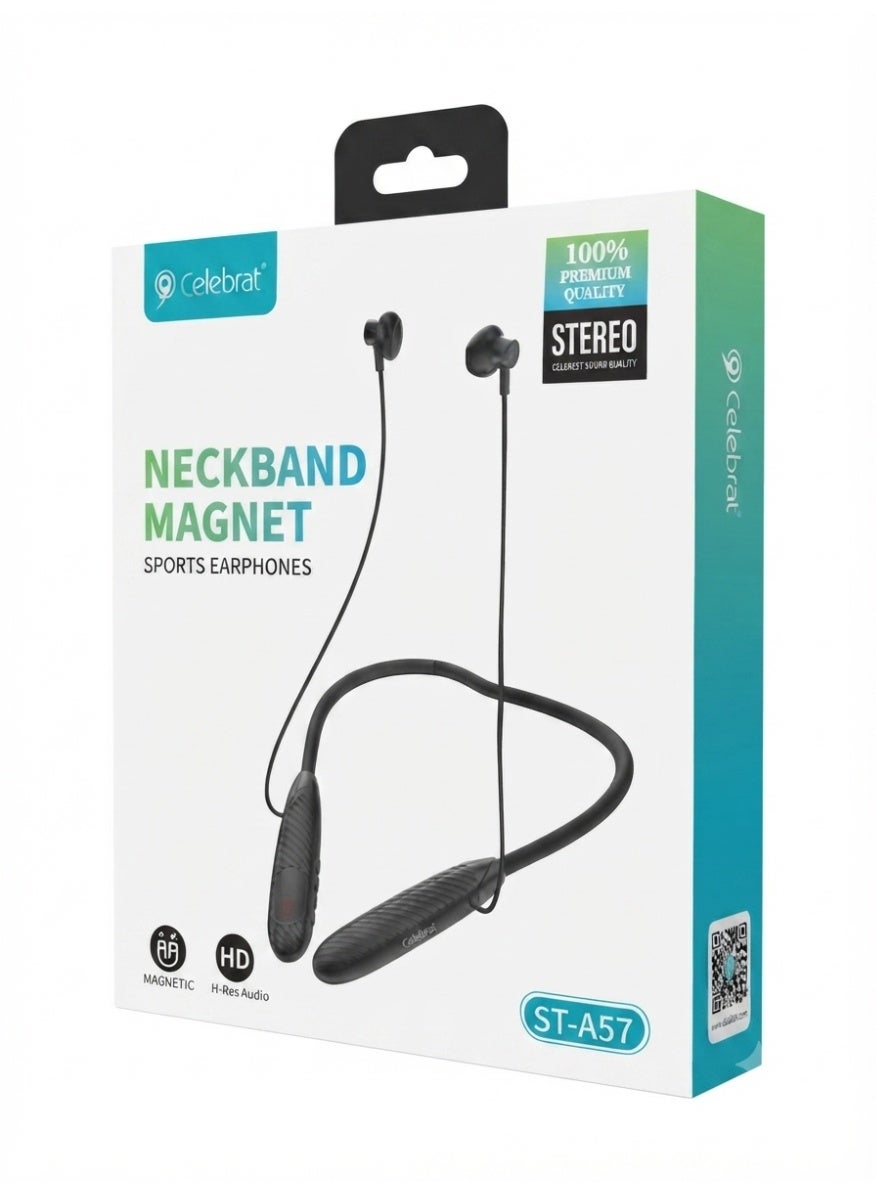 ST-A57 Wireless Neckband Earphones, Bluetooth Sports Headphones with Hi-Res Stereo Sound, Magnetic Earbuds, Built-in Mic