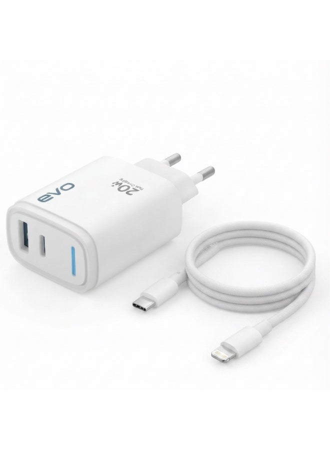 شاحن حائط EVO EVO-C02 قوة 20W منفذ USB-C PD أبيض