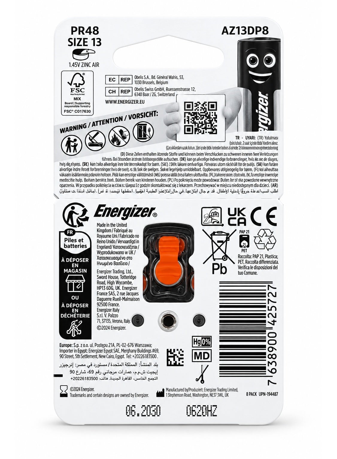 Model AZ13DP8 13 / PR48 Zinc Air Hearing Aid Batteries – 1.45V, 8-Pack, 0% Mercury, Long-Lasting Reliable Power