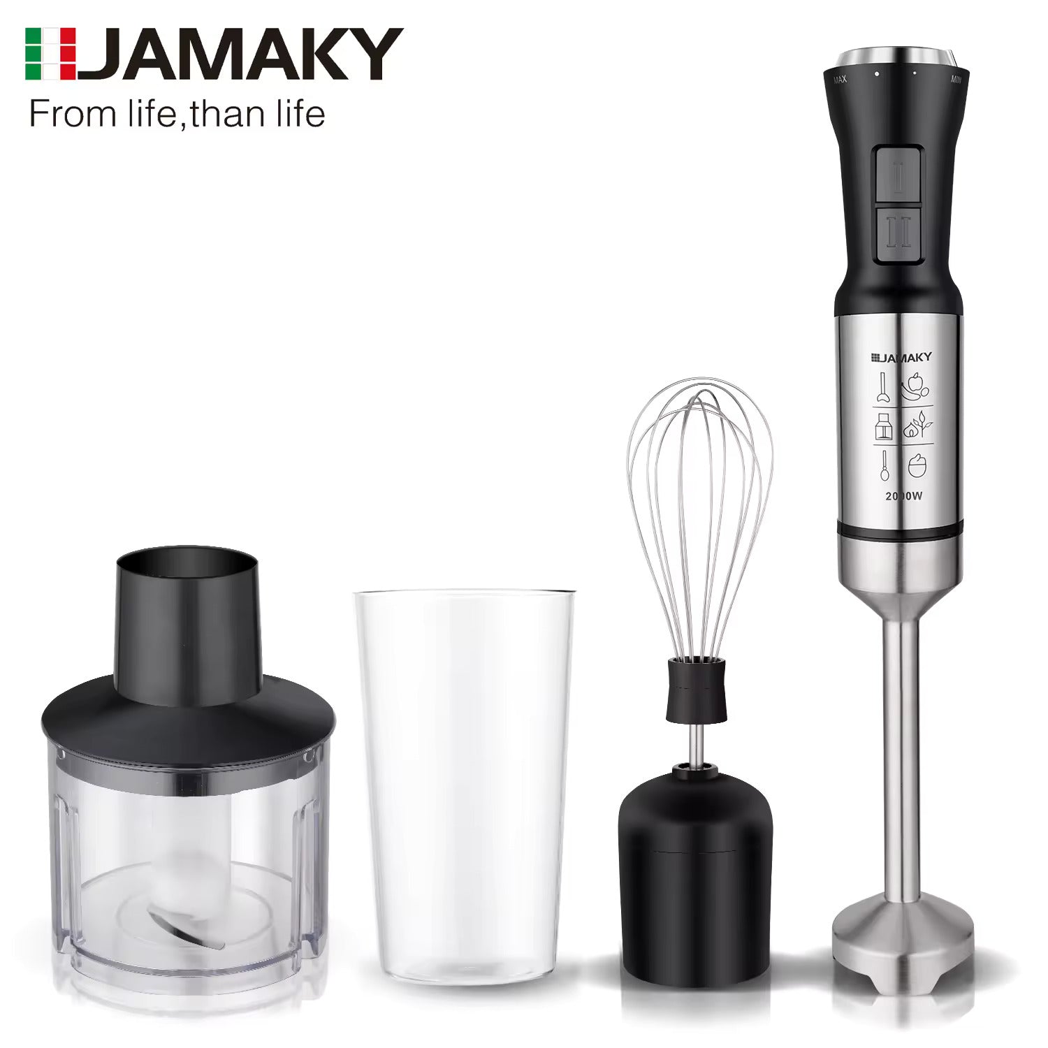 JAMAKY Italy Electric Food Mixer Kitchen Hand Blender Set , Multi-Speed Stainless Steel 2000W - JMK3006A