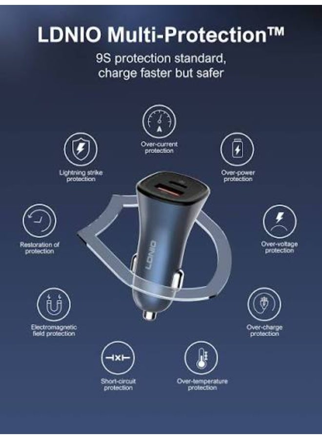 60W Dual Port PD and QC Super Fast Car Charger, USB-C Power Delivery 30W and USB-A Quick Charge 30W Car Charging Adapter