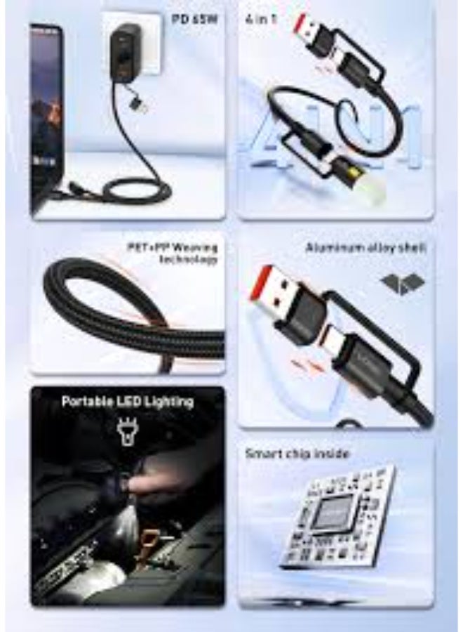65W Fast Charging Power Delivery Cable With USB-A And USB-C To USB-C Connectors LED Indicator High-Speed Data Transfer B
