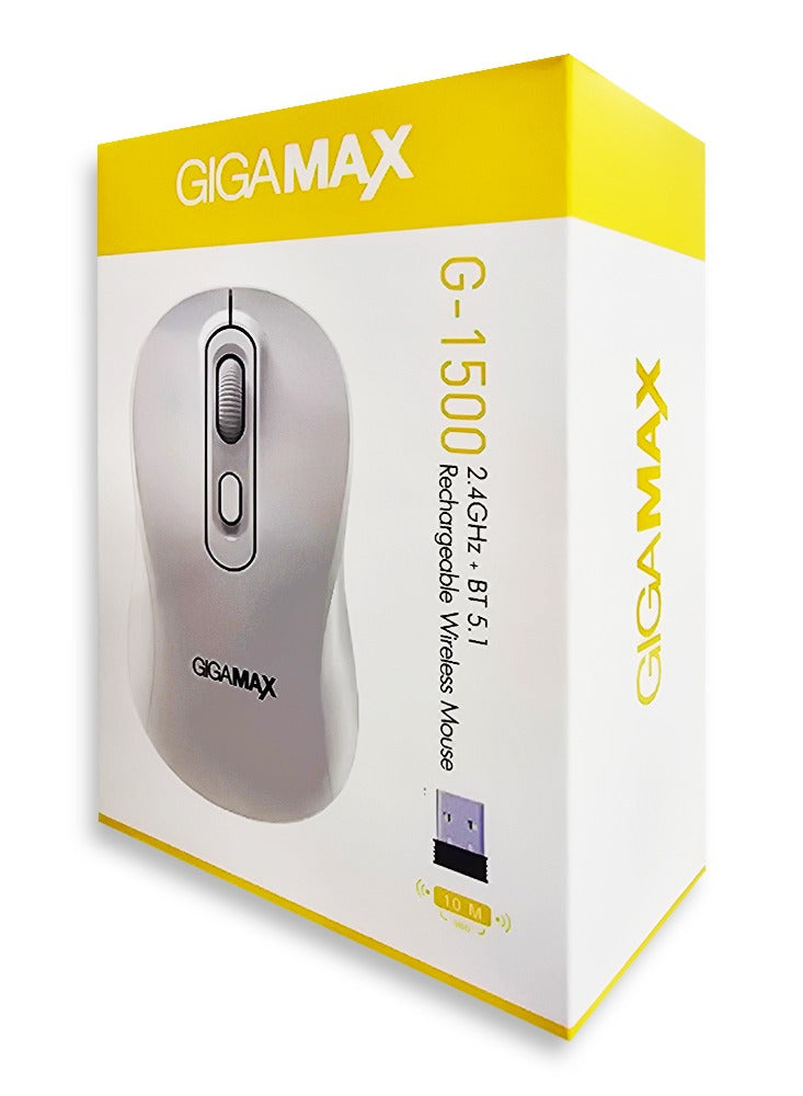 Gigamax Wireless Desk Mouse, G-1500, 1600 DPI Wired/Wireless Functional Mouse with 3 Modes Connectivity, Bluetooth and 2.4G Wireless, 4 Macro Buttons, Long Lasting Rechargeable Battery Capacity and for PC/Mac/Laptop Used in... Home and office, white