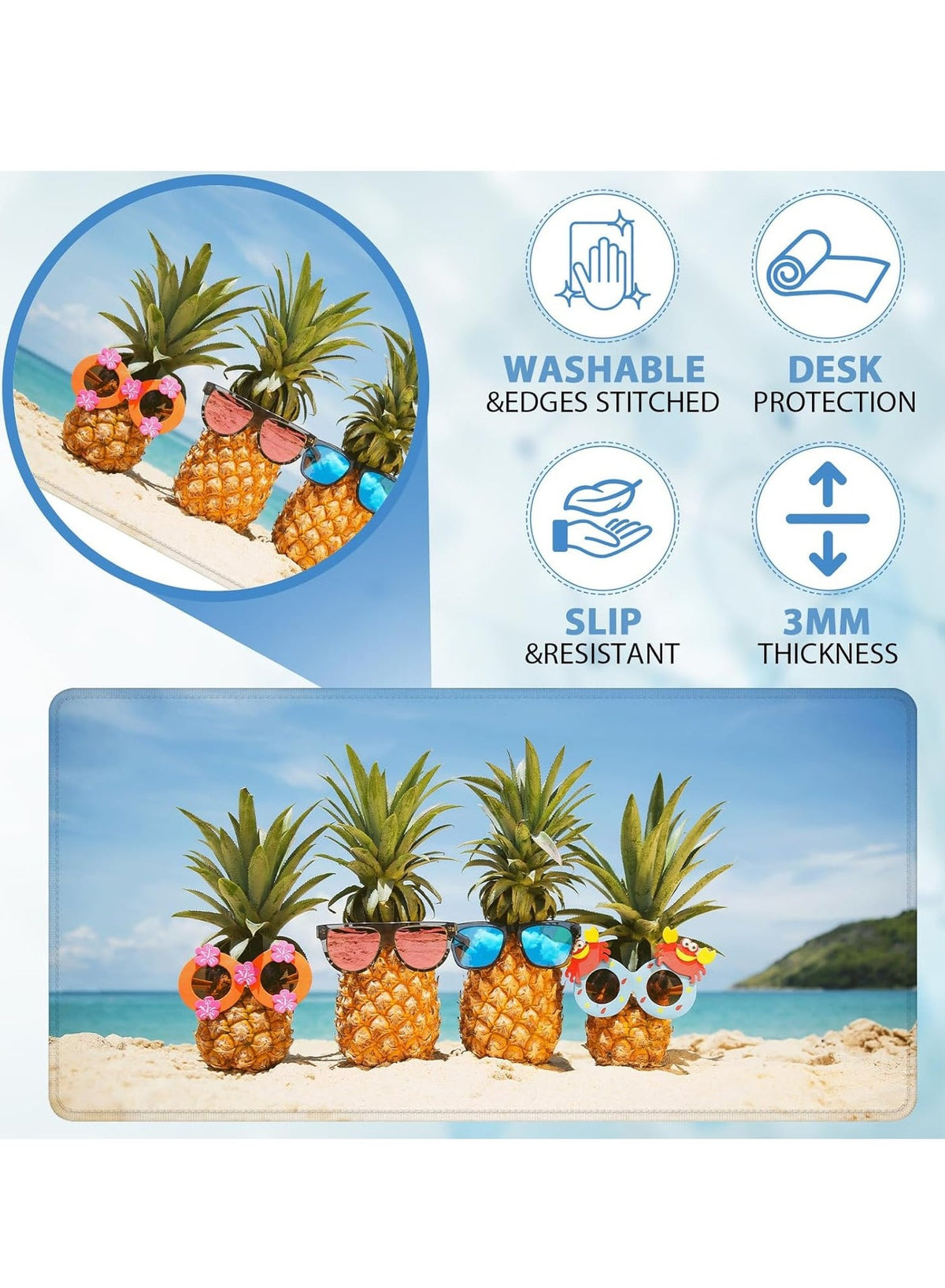 Large Gaming Mouse Pad Fun Beach Pineapple ( 70cm x 30cm x 2 mm )Computer Keyboard Mouse Pad with Non-Slip Base and Stit
