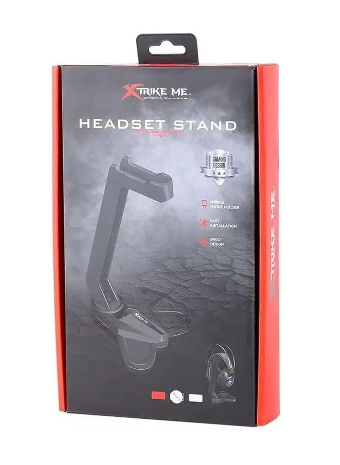 XTRIKE ME HT-02 Headset Stand - Desktop Gaming Headphone Display Stand with Mobile Holder - ABS with Anti Slip Design Rubberized Base | Black