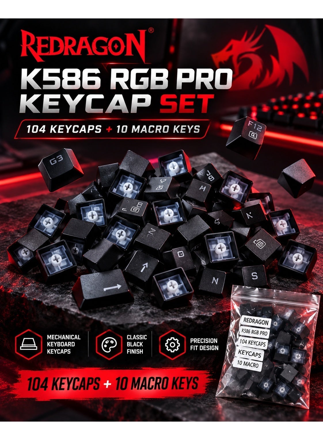 K586 RGB PRO 104-Key Keyboard Keycap Set with 10 Macro Keycaps, Replacement Gaming Keyboard Key Caps for Compatible Mech