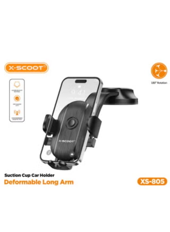 XS-805 Suction Cup Car Phone Holder with Deformable Long Arm, 180° Rotation, One-Click Lock & One-Hand Operation, Alumin