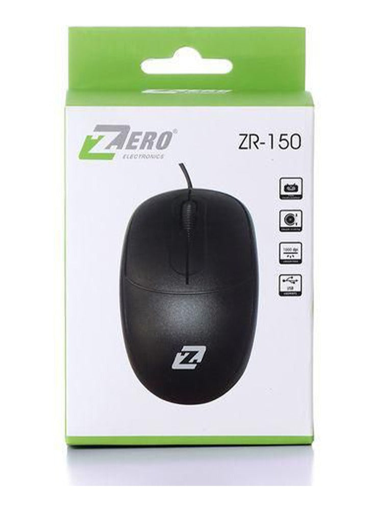 Zero Wired optical mouse connected via USB. It has a maximum sensitivity of 1600 dpi and has three buttons. The mouse is designed for portability and is compatible with both PCs and laptops. ZR-150