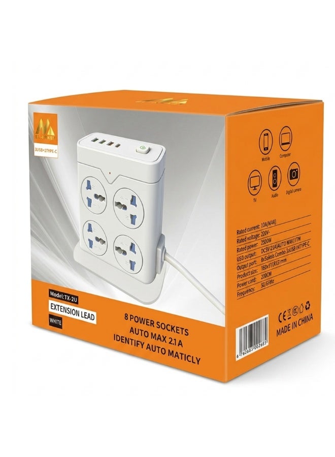 ملتيبل ELMAGHRABY TX-2U 8 مخارج شاحن لاسلكي 3 منافذ USB أبيض
