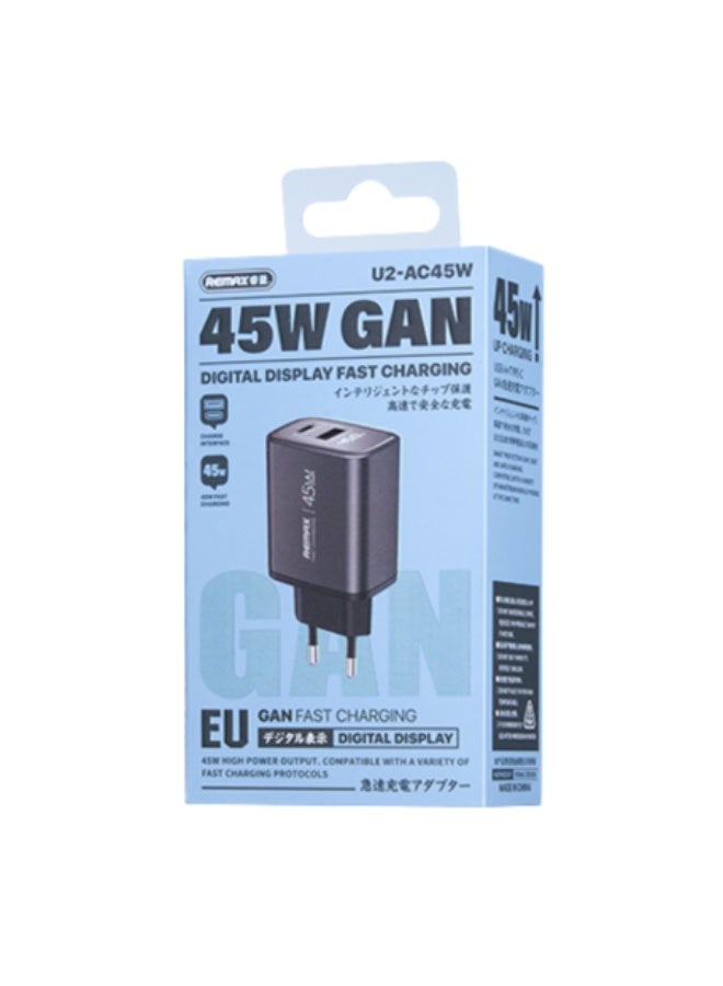 45W GaN Fast Charger with Digital Display U2-AC , Dual Port Type-C & USB Adapter for Laptop, iPhone, and Android