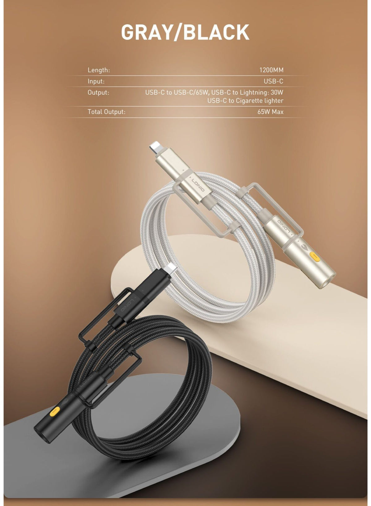 كابل شحن سريع LC20 بقوة 65 واط مزود بموصلات USB-C و Lightning، شاحن سيارة مدمج، مزامنة بيانات عالية السرعة، تصميم متين و