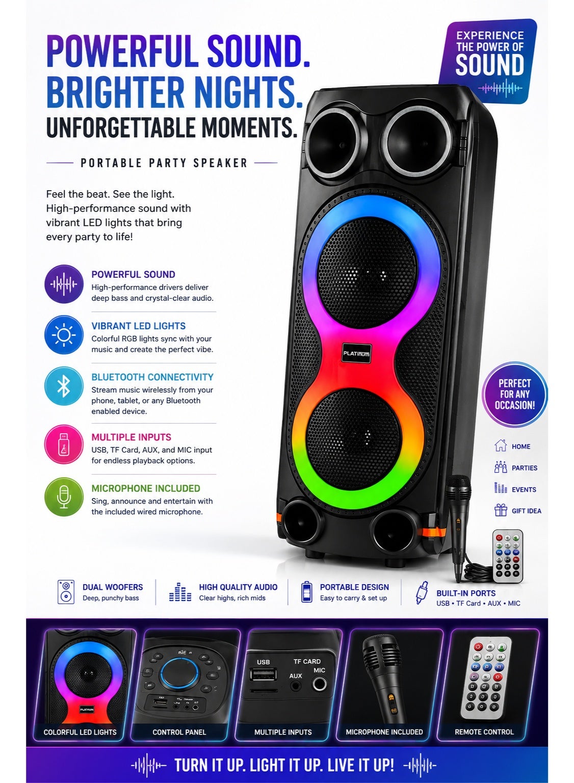 Portable Dual 8 Inch Rechargeable Karaoke Speaker System with LED Light – Wireless Party Speaker with USB TF Card AUX Li