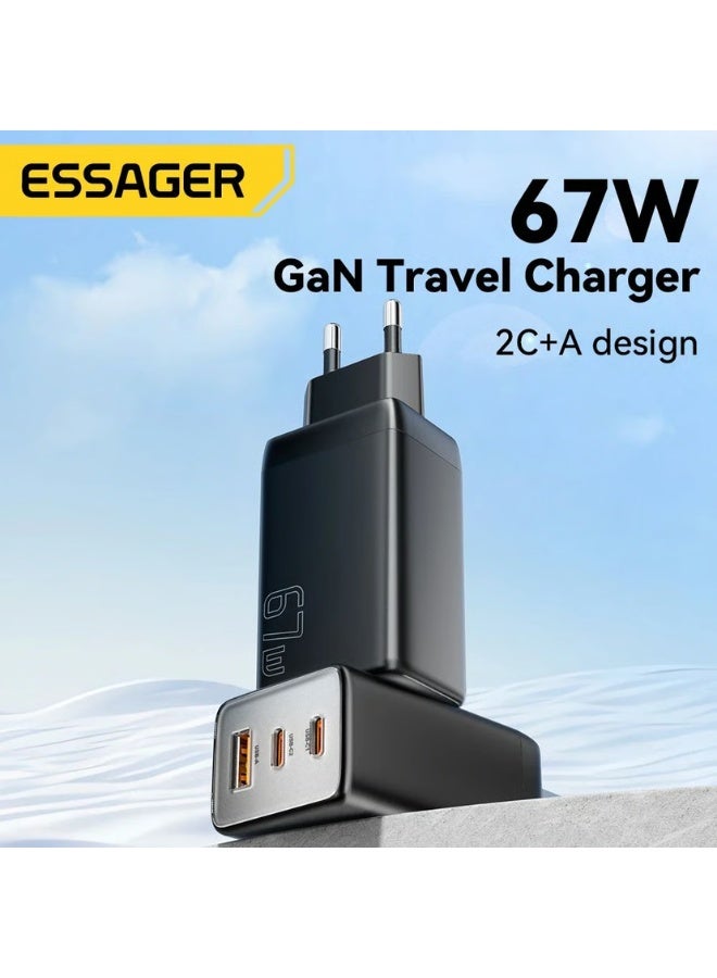 شاحن حائط ESSAGER JT-G67TC2U1 GaN قوة 67W منفذ Type-C PD3.0 أسود