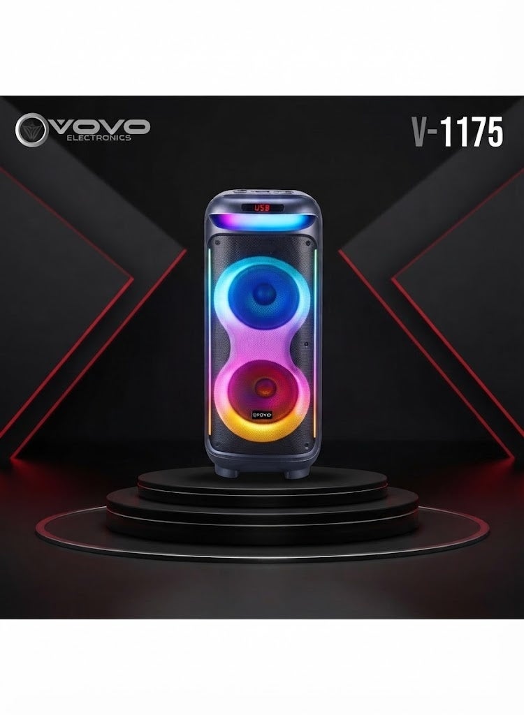 V-1175 Double 10-Inch Bluetooth Party Speaker, Powerful Bass, Dynamic LED Lights, Karaoke Speaker with Dual Microphone &