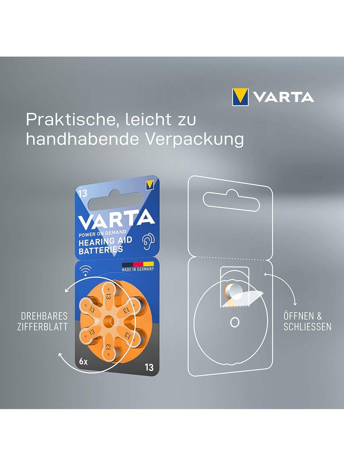 Hearing Aid Batteries, Yellow Type 13 , PR48 , 1.45V , 6 pes, Custom Made, high hearing level, mercury-free, Made in Ger