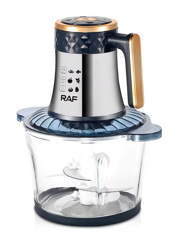 RAF Powerful meat and vegetable grinder, contains a grinder, a quad blade, and a 3.0 liter glass bowl with a capacity of 800 watts, model R.7043.