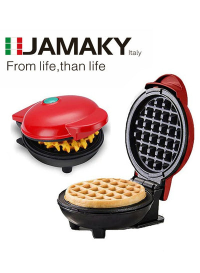 JAMAKY Italy Mini Waffle Maker 1000W with Italian technology - JMK 2020 Non-stick Coating Plate Cool Touch Handle 1000W Non-Slip Feet, Round Shape/red