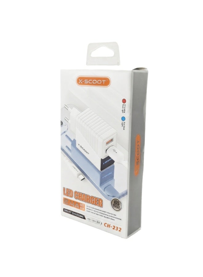 شاحن حائط X-SCOOT CH-232 منفذين USB مع كابل Lightning أبيض