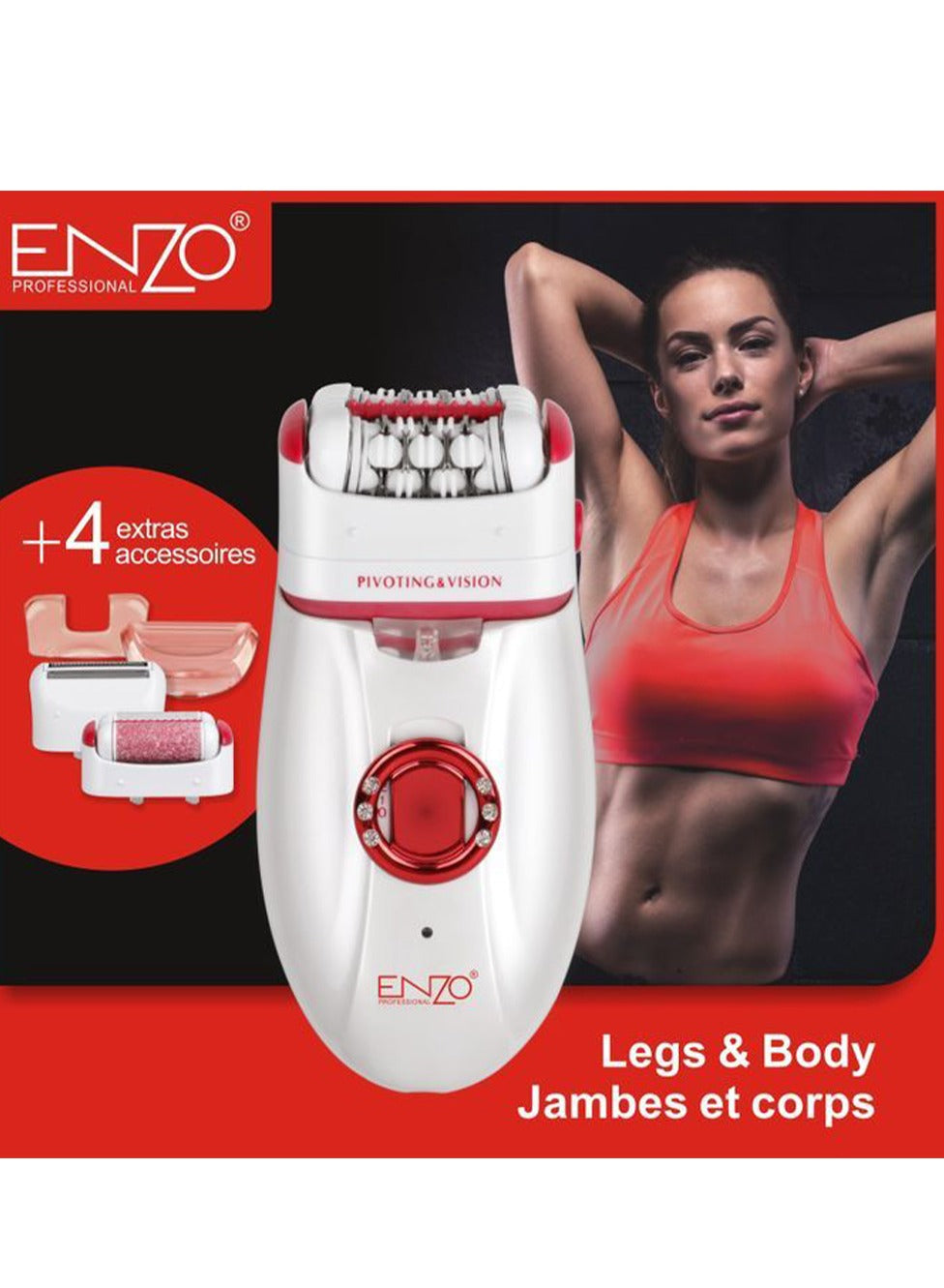 ENZO General hair removal in different parts of the body for women. Model EN-3166 is designed for comfort and ease of use at home, and comes with 4 different usage accessories.