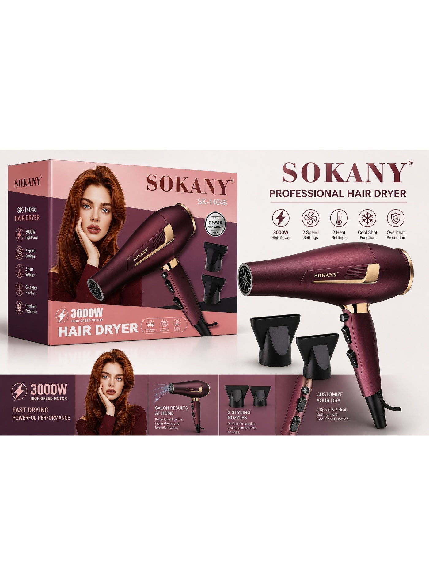 SK-14046 Professional Ionic Hair Dryer 3000W, Overheat Protection & 2 Styling Attachments, Fast Drying, 2 Speeds & 2 Hea
