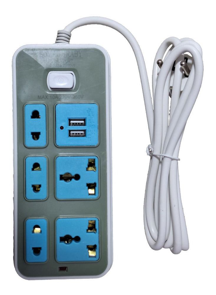 Electric Power strip - 2500 watt, Auto max 10 A / 220-250V , with 5 Outlet , 1.5 CM cable , 2 Port USB and for Laptop, PC, MacBook , Home and Office Electrical appliances and Mobile charger