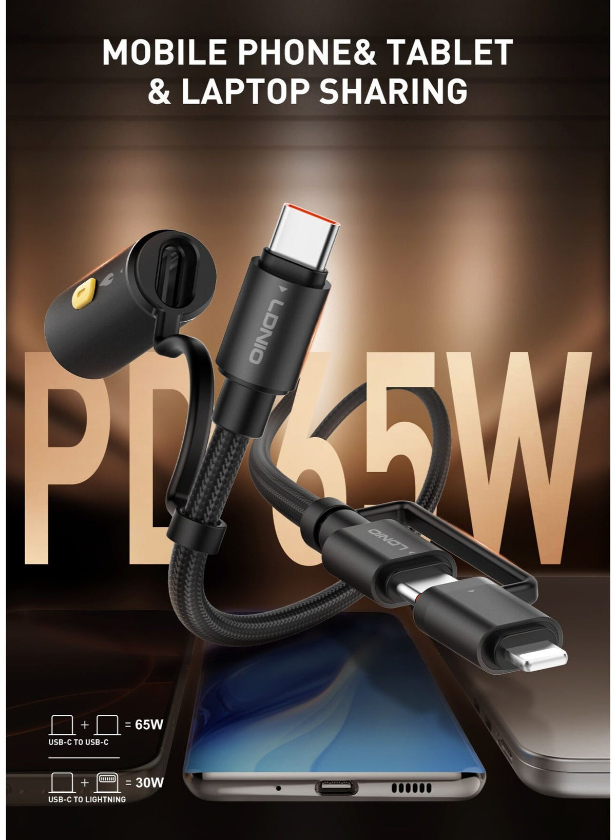 كابل شحن سريع LC20 بقوة 65 واط مزود بموصلات USB-C و Lightning، شاحن سيارة مدمج، مزامنة بيانات عالية السرعة، تصميم متين و