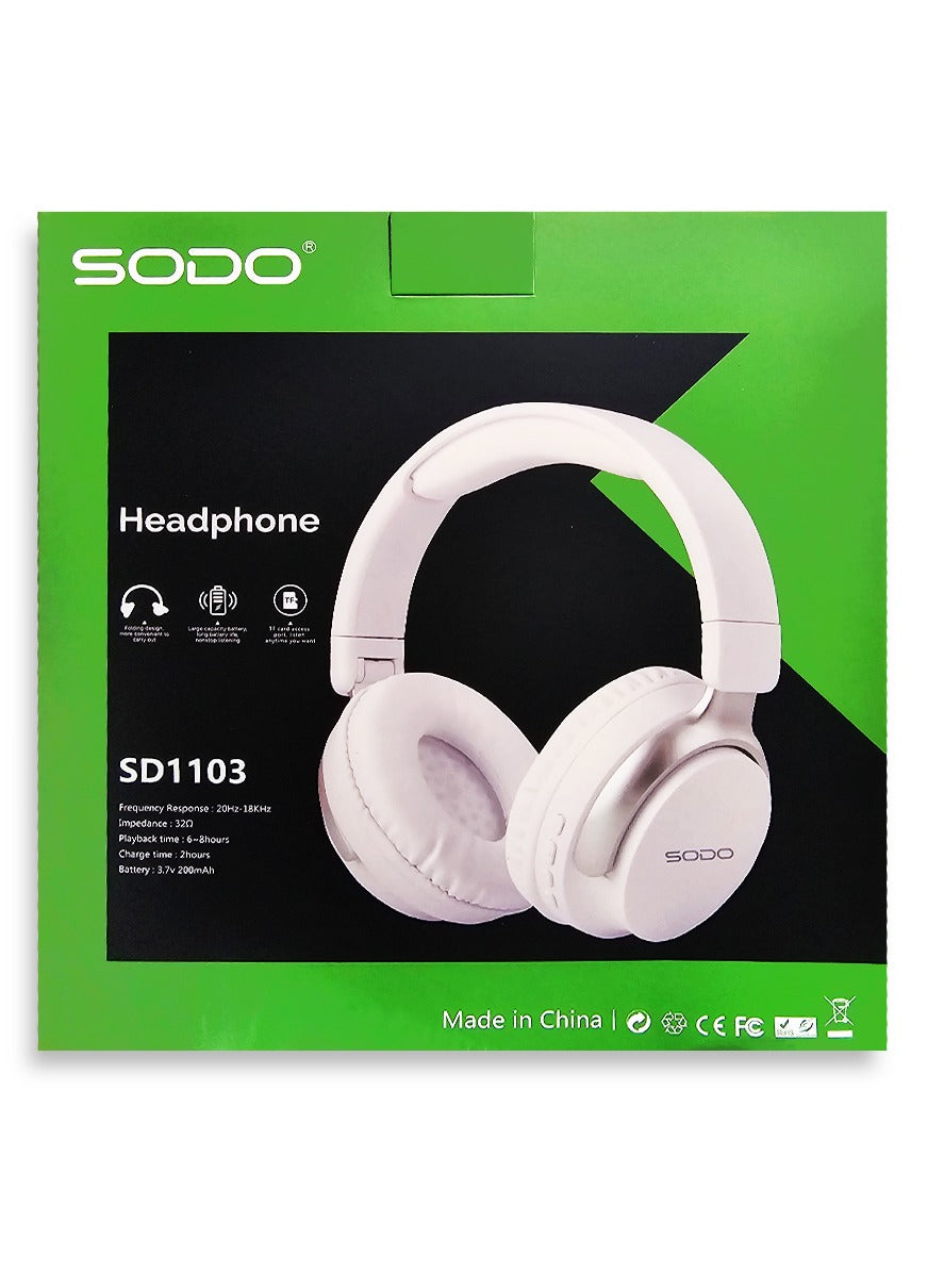 SODO Wireless Headphones with Active Canceling Headphones and External Built In Microphone Walk and Talk , it's Support SD Card Using Bluetooth 5.0 Connectivity with 20Hz to 18kHz Frequency Response Model SD-1103 /White