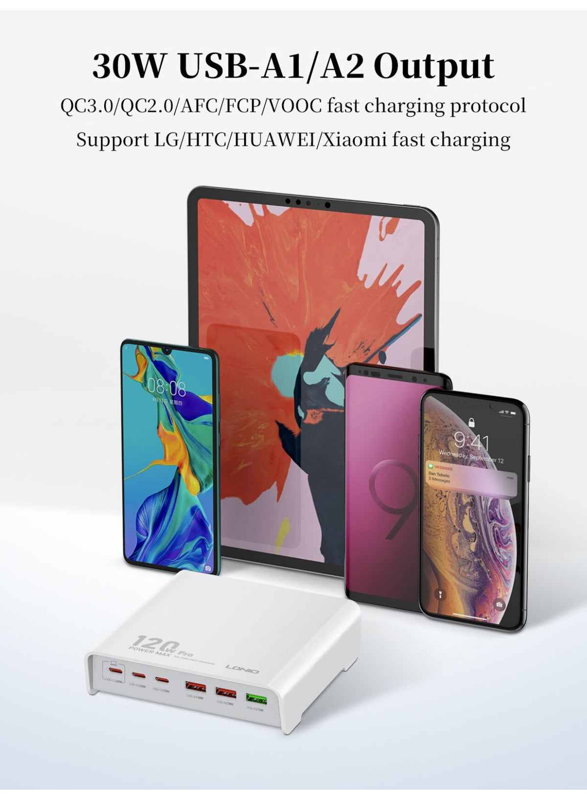 Q605 Multi Ports Desktop Charging Station 120W , 6 Port USB Charger (3 USB-C + 3 USB-A), PD3.0 QC3.0 PPS Fast Charging A