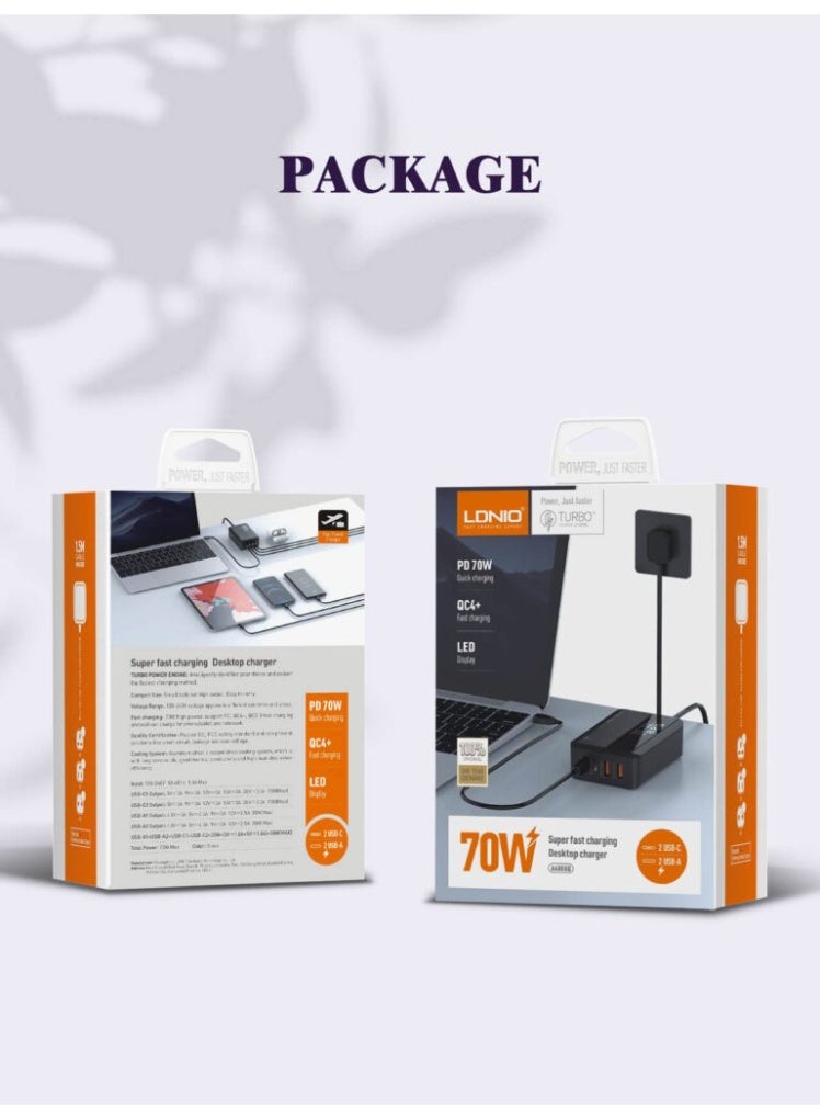 A4808Q 70W Desktop Fast Charger with 2 USB-C PD 3.0 & 2 USB-A QC 4.0 Ports, LED Power Display, Multi-Device Charging Sta