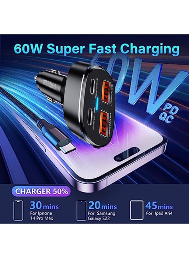 75W Fast Car Charger RCC329 with 4 Ports (2 Type-C + 2 USB), Dual Output PD + QC, Smart Protection & LED Indicator , Com