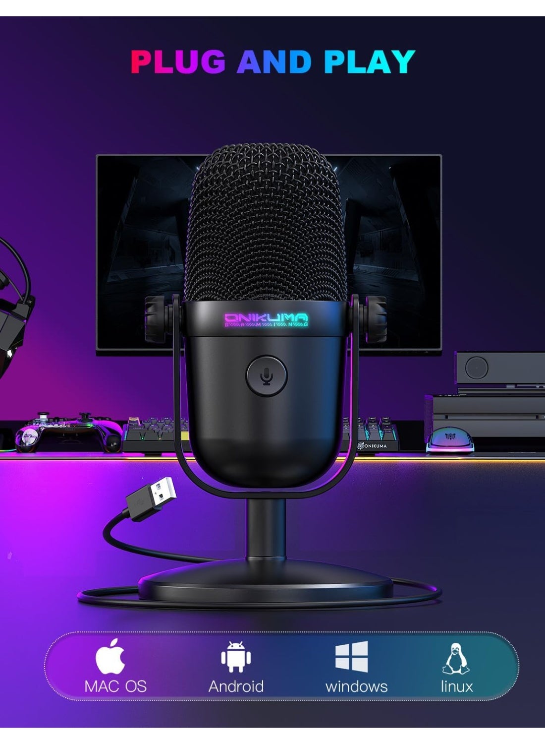 Professional USB Gaming Microphone with Noise Cancellation, RGB Streaming, Podcast, Recording & Gaming Microphone for PC