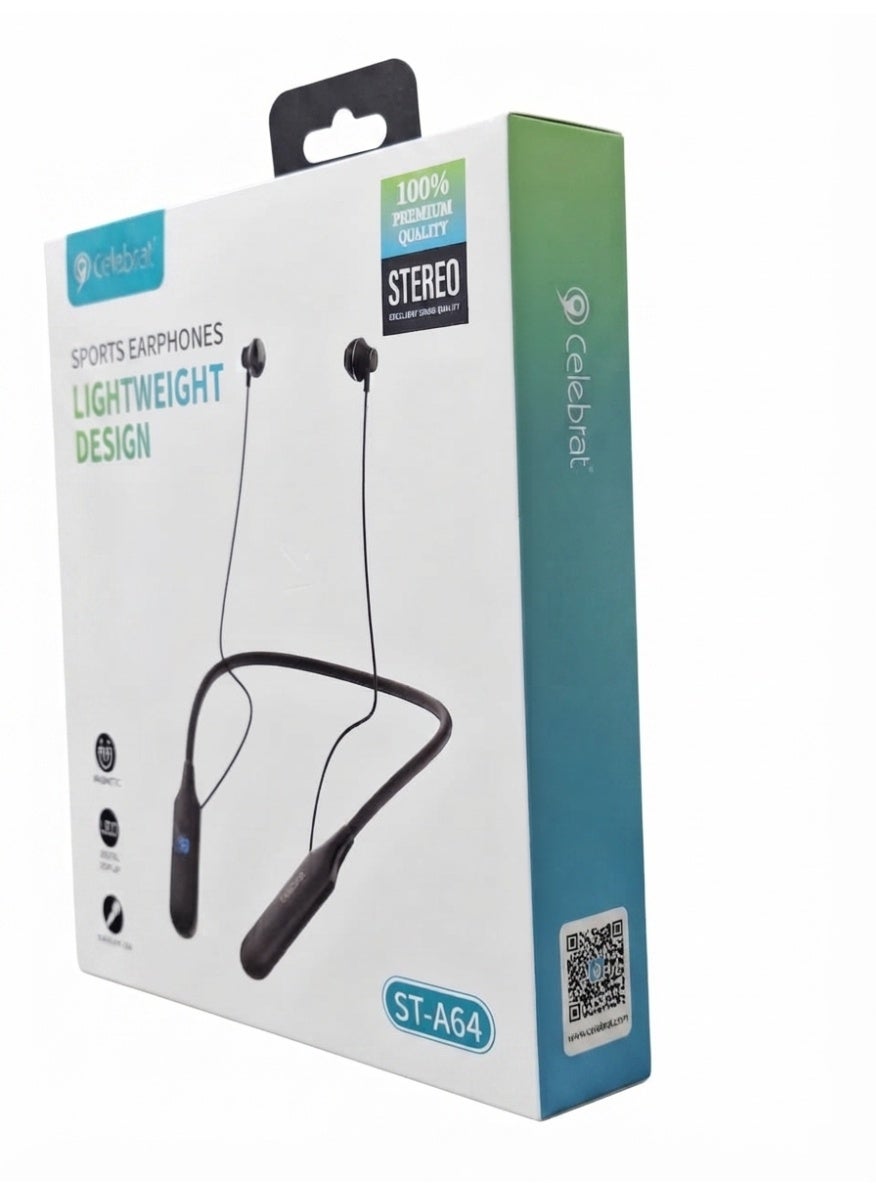ST-A64 Wireless Neckband Earphones, Bluetooth Sports Headphones with HD Stereo Bass Sound, LED Battery Display, Magnetic