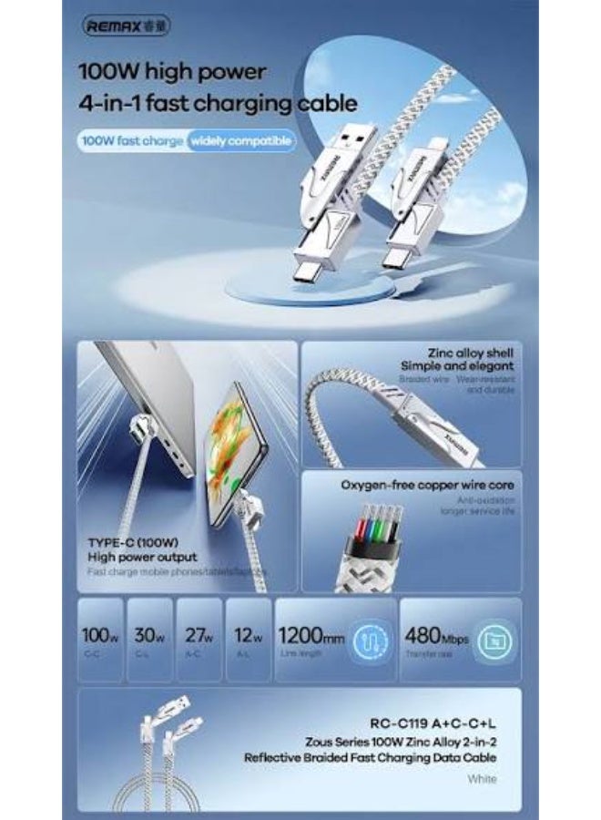 RC-C119 4 in 1 Fast Charging Cable 1.2M, USB-A and USB-C to USB-C and Lightning Charging Cable, 100W Power Delivery Fast