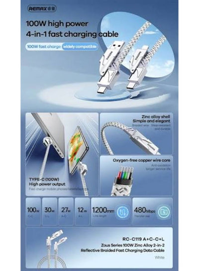 RC-C119 4 in 1 Fast Charging Cable 1.2M, USB-A and USB-C to USB-C and Lightning Charging Cable, 100W Power Delivery Fast