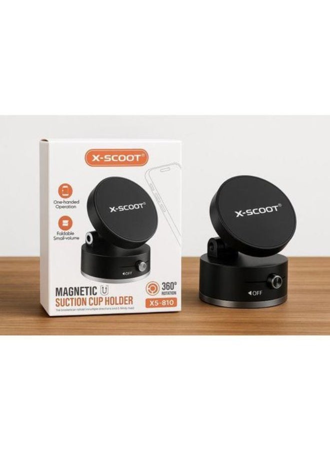 XS-810 Magnetic Suction Cup Phone Holder with 360° Rotation, One-Hand Operation, Foldable Compact Design & Vacuum Suctio
