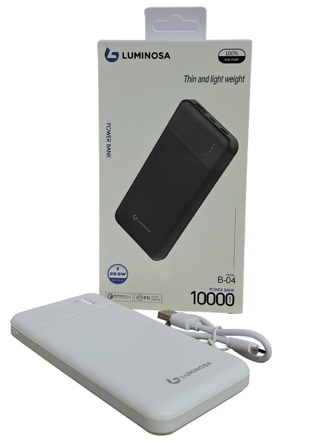 Luminosa Power Bank 10000 mAh , uses lithium polymer quick charger battery 22.5 W - white , which is safe, and does not explode with USB-C cable. It can be carried on the plane.