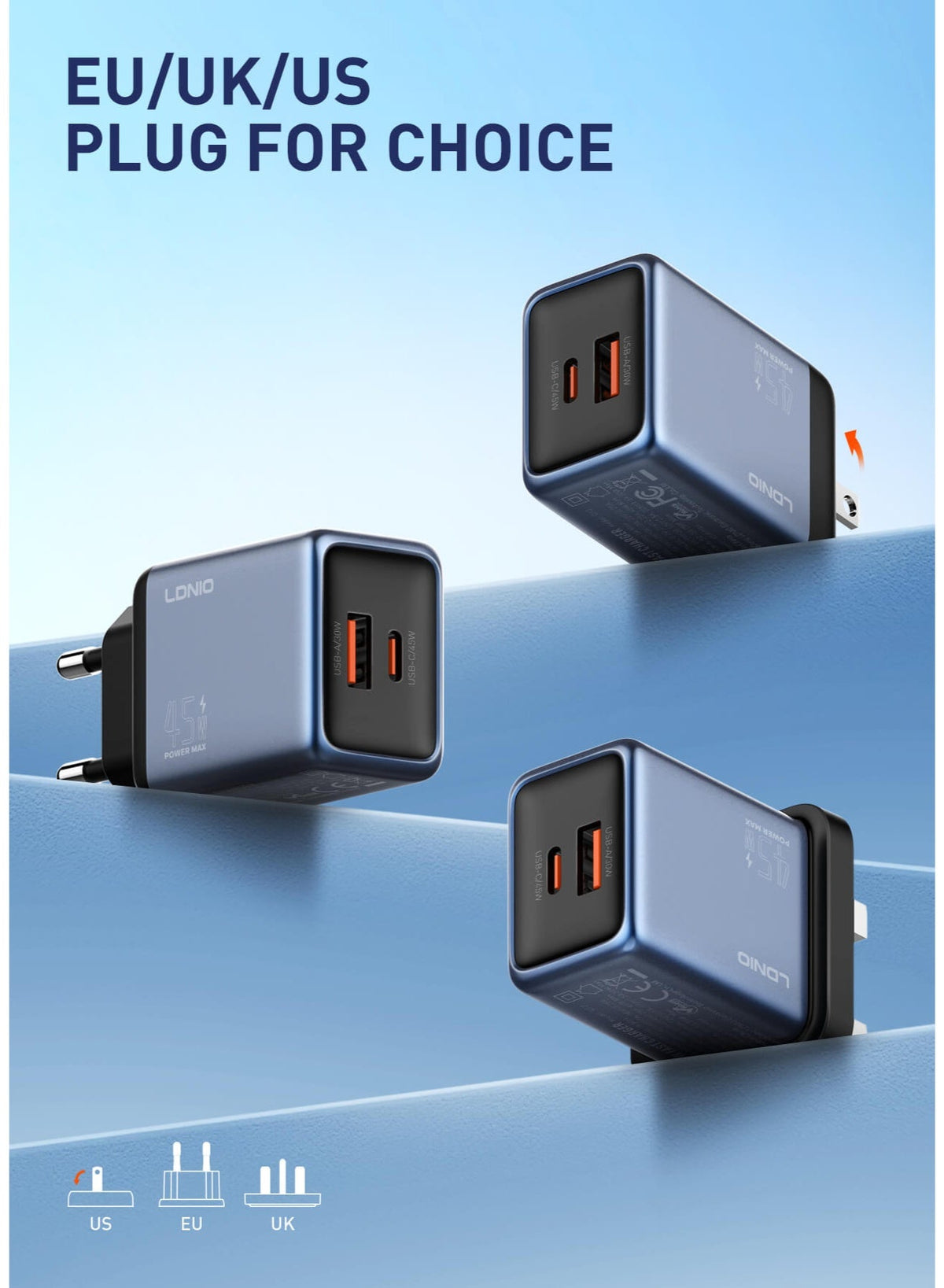 45W GaN USB-C and USB-A Fast Wall Charger, Power Delivery PPS Super Fast Charging Adapter for Laptops, MacBook, iPhone, 