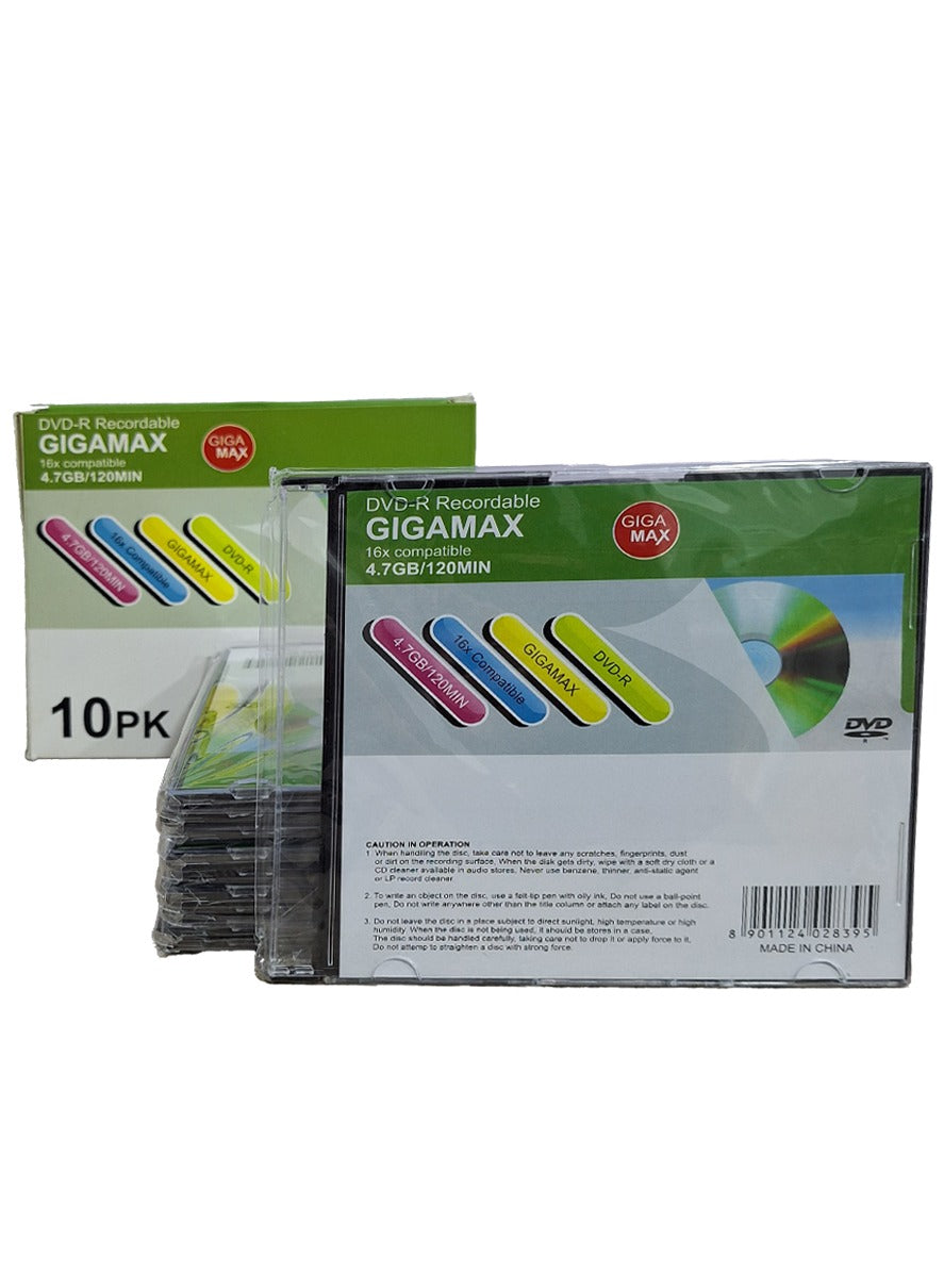 Gigamax DVD-R recordable , 16x compatible , 4.7 GB/120MIN , 10PK