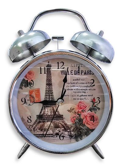 Charming mini alarm clock, cute office decor, special gift, bedroom decor, with Eiffel Tower background drawing, silver color