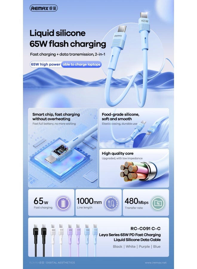 RC-C091 Type-C to Type-C 65W Fast Charging Cable 1M, USB-C Power Delivery Charging and Data Transfer Cable, High Speed U