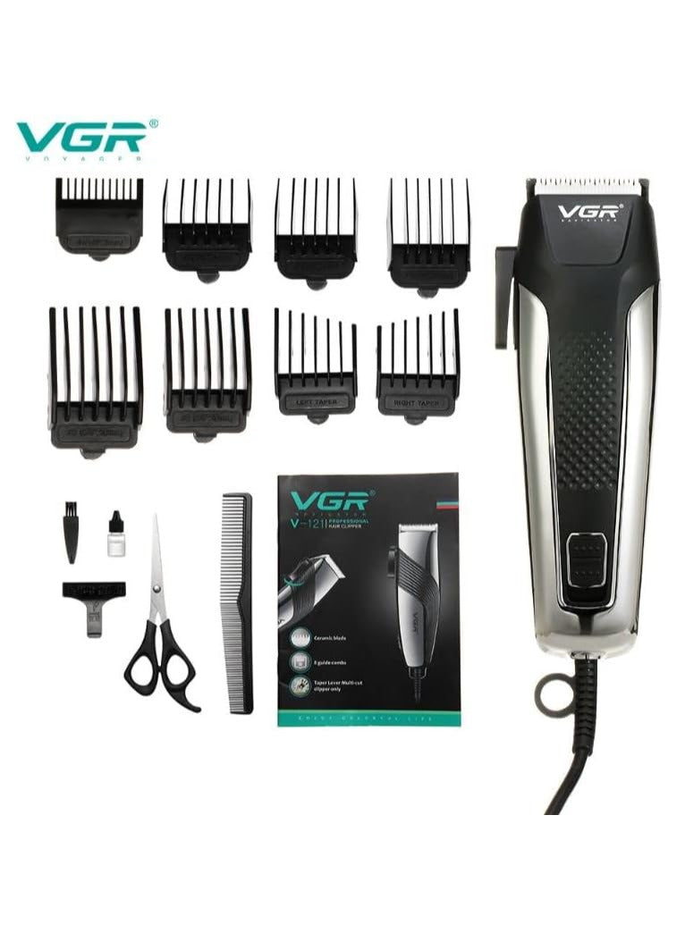 VGR V-120 Professional Hair Clipper with Self Sharpening Blades, 8 Guide Combs, Scissors, Comb, Taper Lever Adjustments for close cut trimming for men, Corded (Black)