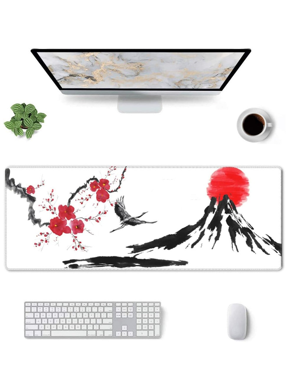 Japanese Cherry Blossom Large Gaming Mouse Pad, Extended Mousepad with Fuji Mountain, Japanes Crane Bird and Sunset White ( 70x30x2mm )