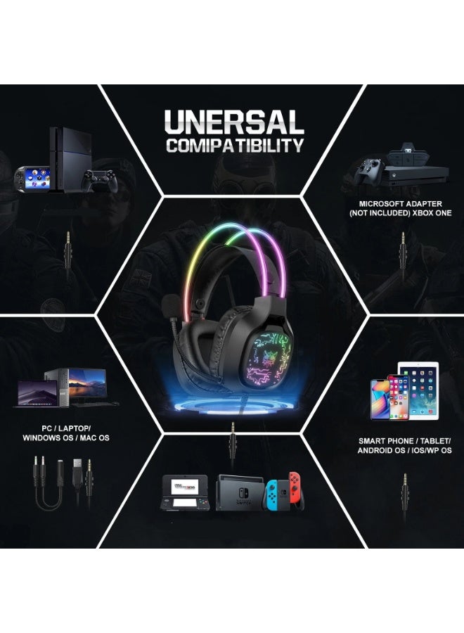 X22 RGB Gaming Headphones, Over-Ear Headset with Microphone, Noise Reduction, Volume Control, LED Light, Durable & Comfo